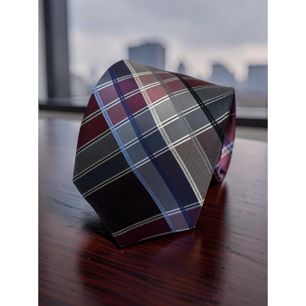 CK Calvin Klein Extra Long Silk Tie Gray Burgundy Blue Plaid  63.5" x 3.25"